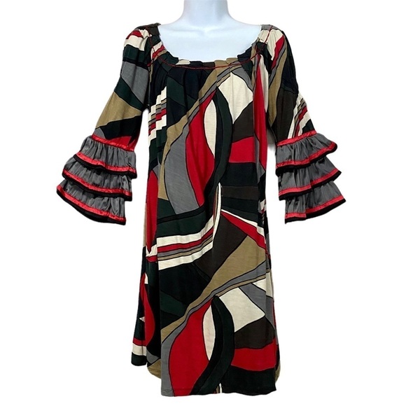 Multicolor Abstract Patchwork Shift Dress Small Geometric Print Bell Sleeve - Picture 1 of 12